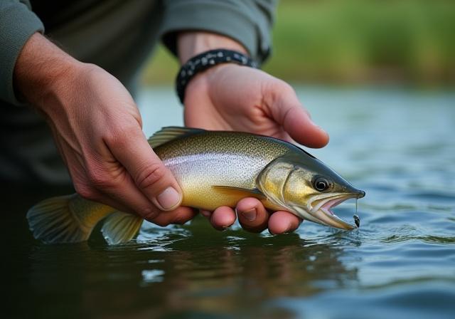 An angler carefully releasing a fish back into the water.