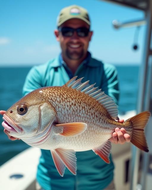 A smiling guest proudly holding a large, freshly caught grouper fish.